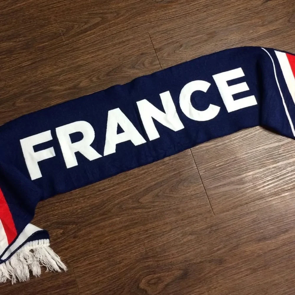 France Themed Gender Neutral Blue, Red, and White Scarf wi/White Fringe 58” X 8”